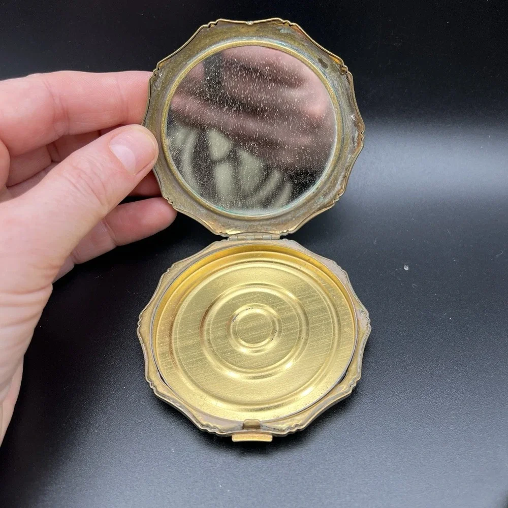 Vintage Gold Tone Compact Ceramic Courting Couple Plate Signed Fragonard